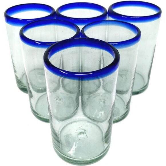 Hand Blown Mexican Drinking Glasses - Set of 6 Glasses with Cobalt Blue Rims - Picture 1 of 7